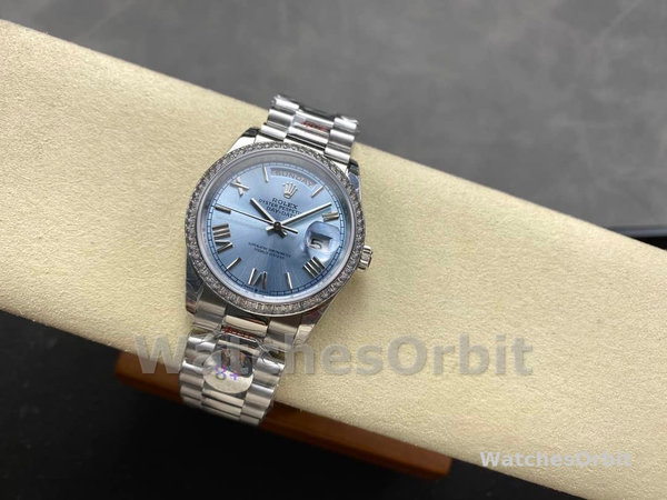 Rolex Day-Date 228396TBR 0030 Ice Blue Dial Platinum Diamond Bezel 40mm Mens Replica Watch