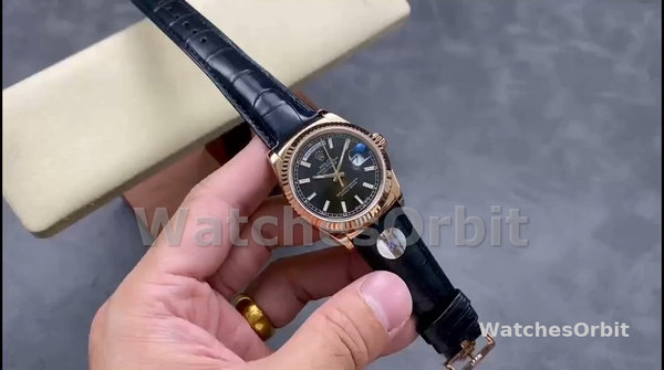 Rolex Day Date 36 Everose Gold Black Dial 118135 0063 Leather Watch
