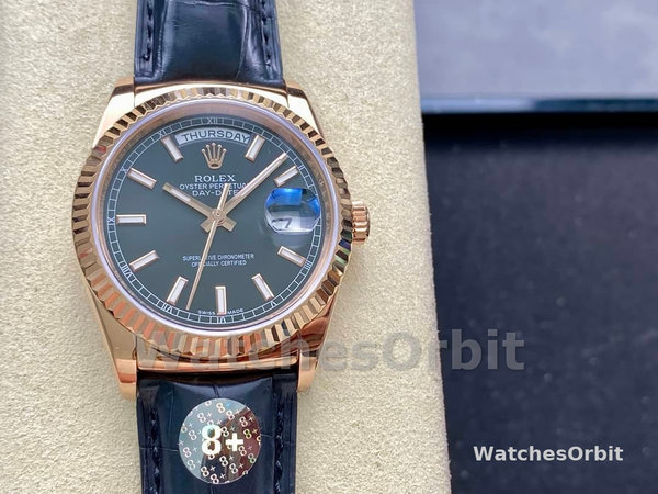 Rolex Day Date 36 Everose Gold Black Dial 118135 0063 Leather Watch