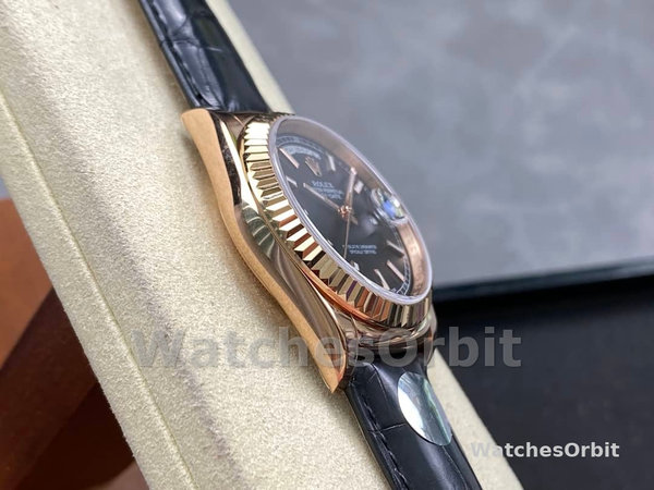 Rolex Day Date 36 Everose Gold Black Dial 118135 0063 Leather Watch