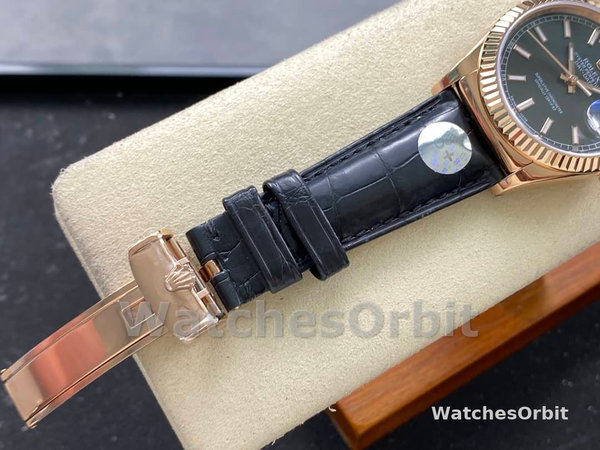 Rolex Day Date 36 Everose Gold Black Dial 118135 0063 Leather Watch