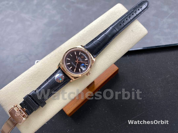 Rolex Day Date 36 Everose Gold Black Dial 118135 0063 Leather Watch