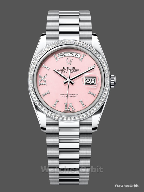 Rolex Day Date 36 Platinum Pink Opal Diamond-Set Roman Dial Diamond Bezel m128396tbr 0009