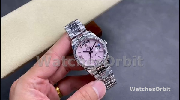 Rolex Day Date 36 Platinum Pink Opal Diamond-Set Roman Dial Diamond Bezel m128396tbr 0009