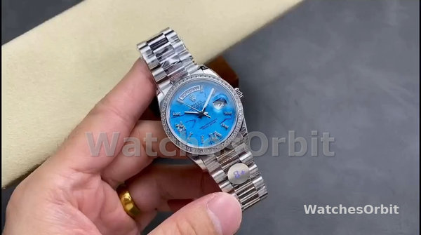 Rolex Day Date 36 Platinum Turquoise Diamond-Set Roman Dial Diamond Bezel m128396tbr 0016