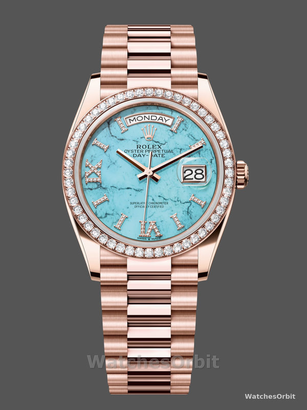Rolex Day-Date 36 Rose Gold Turquoise Diamond-Set Roman Dial Diamond Bezel m128345rbr 0064