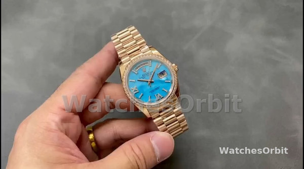 Rolex Day-Date 36 Rose Gold Turquoise Diamond-Set Roman Dial Diamond Bezel m128345rbr 0064