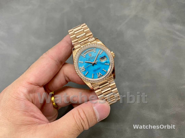 Rolex Day-Date 36 Rose Gold Turquoise Diamond-Set Roman Dial Diamond Bezel m128345rbr 0064