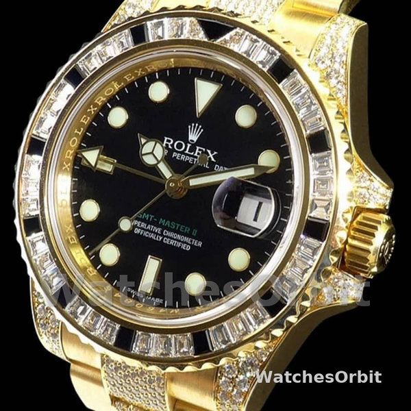 Rolex GMT-Master II 116758 Yellow Gold Black Dial Diamonds 40mm Mens Replica Watch