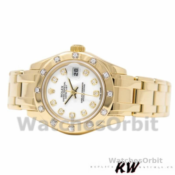 Rolex Pearlmaster 80318 Yellow Gold White Dial 29MM Lady Replica Watch