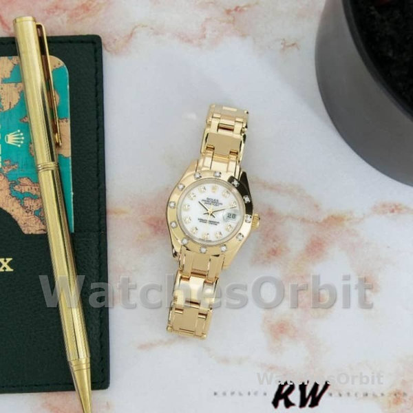 Rolex Pearlmaster 80318 Yellow Gold White Dial 29MM Lady Replica Watch