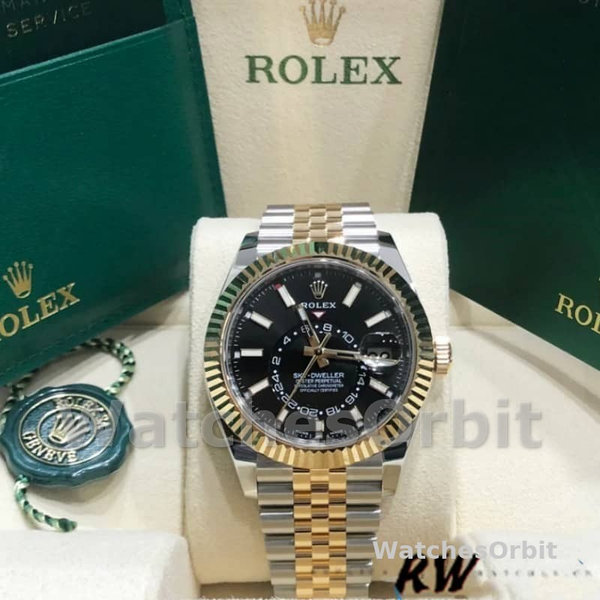 Rolex Sky-Dweller 326933 Stainless Steel Yellow Gold Black Dial 42MM Mens Replica Watch